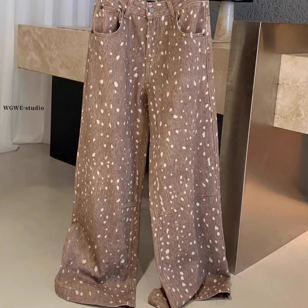 WGWE小众复古小鹿斑点印花牛仔裤