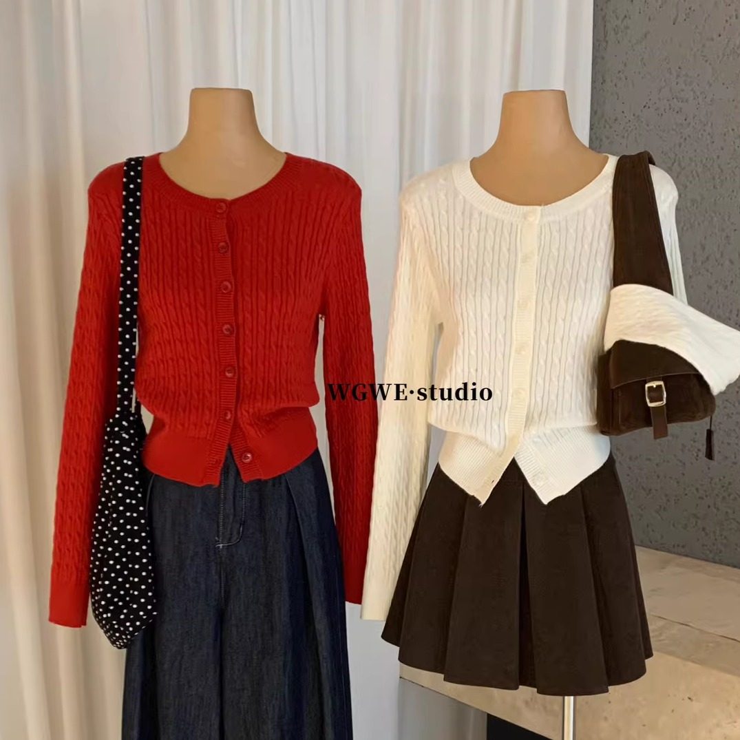 WGWE2026早春新款小个子女装长袖针织开衫薄款麻花毛衣短外套上衣,女装/女士精品,毛衣,淘宝优惠券,粉丝福利购,淘宝优惠卷