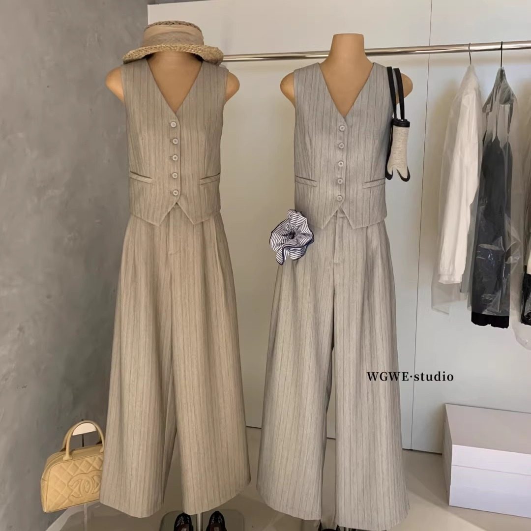 WGWE2026春老钱风棉麻条纹西装马甲搭配直筒长裤套装两件套,女装/女士精品,时尚套装,淘宝优惠券,粉丝福利购,淘宝优惠卷