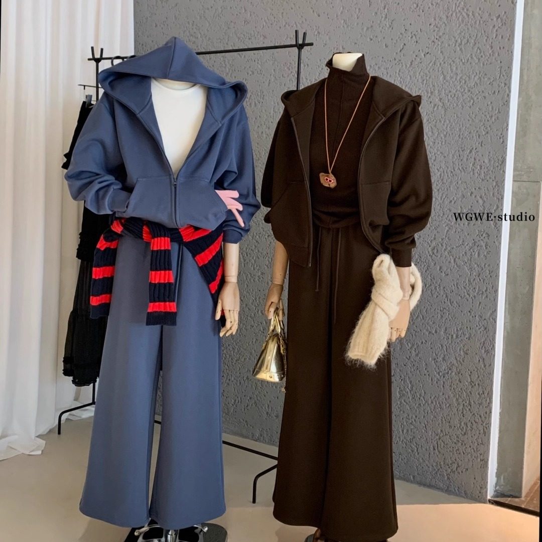 WGWE广州十三行女装套装宽松拉链连帽卫衣外套+阔腿卫长裤两件套,女装/女士精品,时尚套装,淘宝优惠券,粉丝福利购,淘宝优惠卷