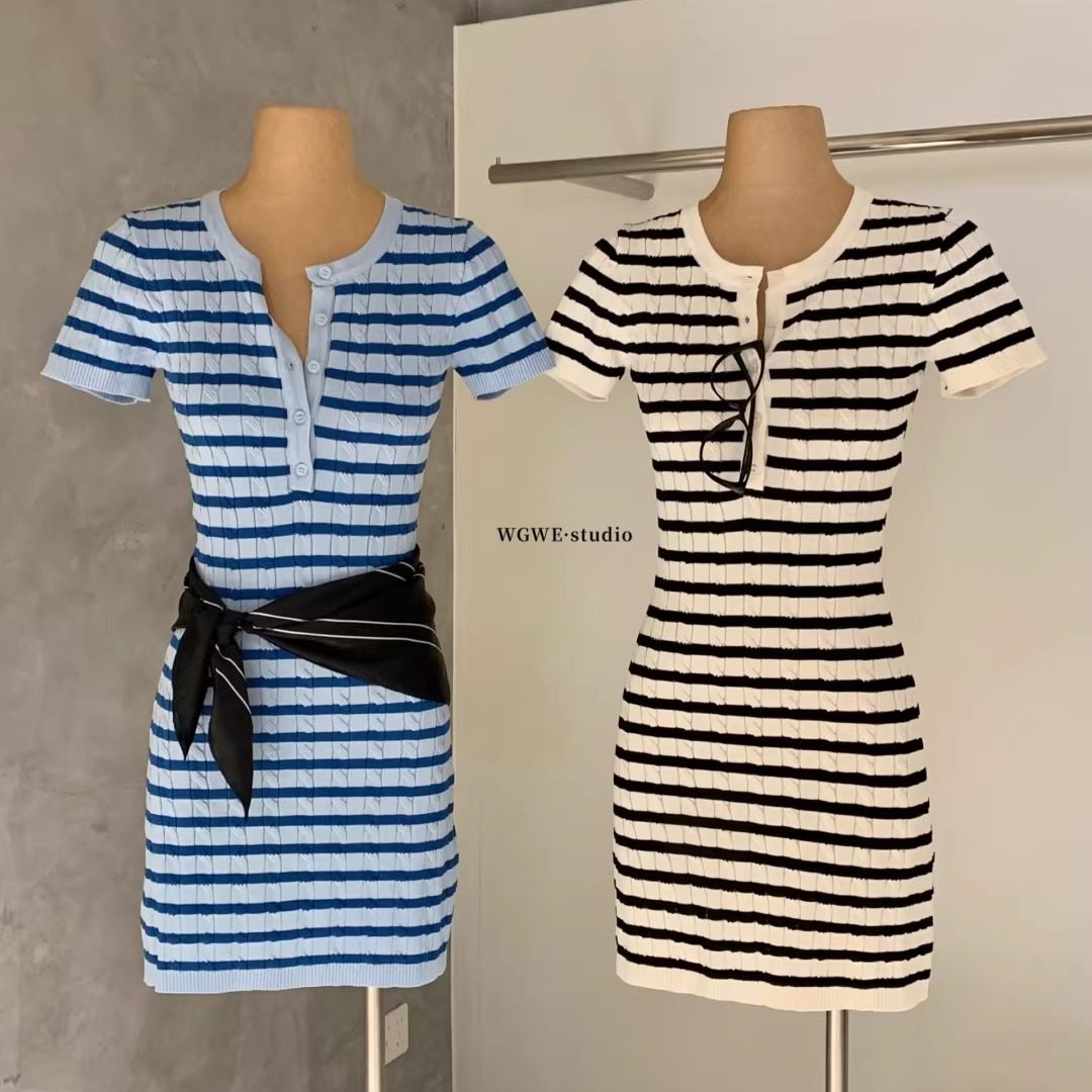 WGWE2026早春新款女装气质半开领短袖条纹针织连衣裙收腰包臀短裙,女装/女士精品,连衣裙,淘宝优惠券,粉丝福利购,淘宝优惠卷