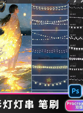 彩灯灯串氛围节日灯光婚礼星星灯节庆装饰procreate笔刷ps笔刷