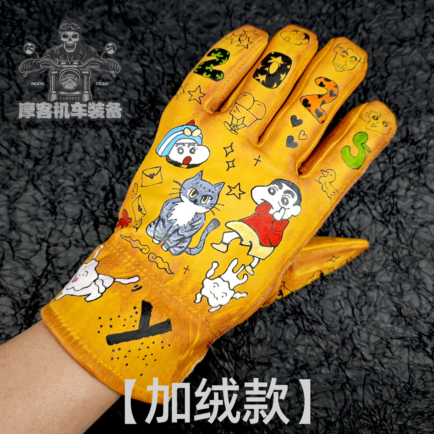 复古做旧牛皮手套摩托车蜡笔小新卡通男女款巡航机车骑士春夏季