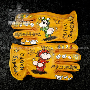 纯牛皮手绘机车手套蜡笔小新卡通男女复古做旧摩托巡航滑雪骑行