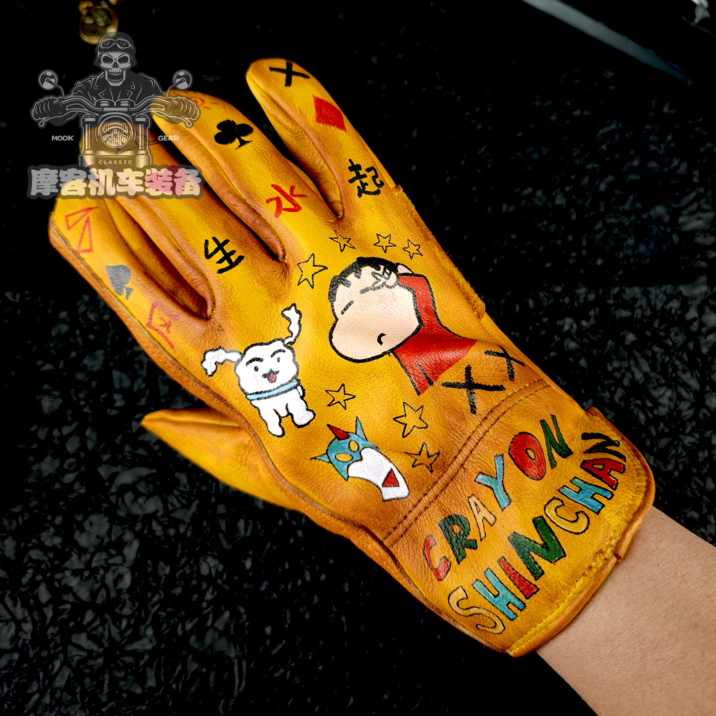复古做旧牛皮摩托车骑手手套蜡笔小新钱多多男女巡航机车骑士手绘