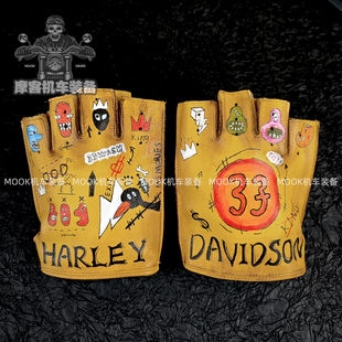 头层牛皮手套半指男女复古做旧夏季透气骑行摩托机车骑士开车户外