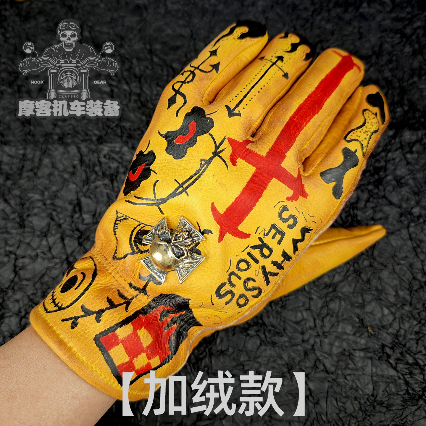 手绘男女复古机车摩托车骑行手套四季加绒冬季牛皮哈雷印第安巡航