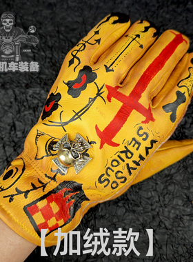 手绘男女复古机车摩托车骑行手套四季加绒冬季牛皮哈雷印第安巡航