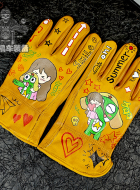 纯牛皮手套手绘卡哇伊军曹男女复古做旧骑士骑行摩托车手套骑士