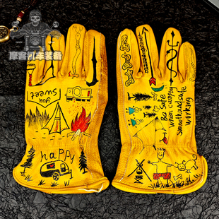 纯牛皮手绘男女复古做旧骑行骑士手套巡航机车户外马术露营防护