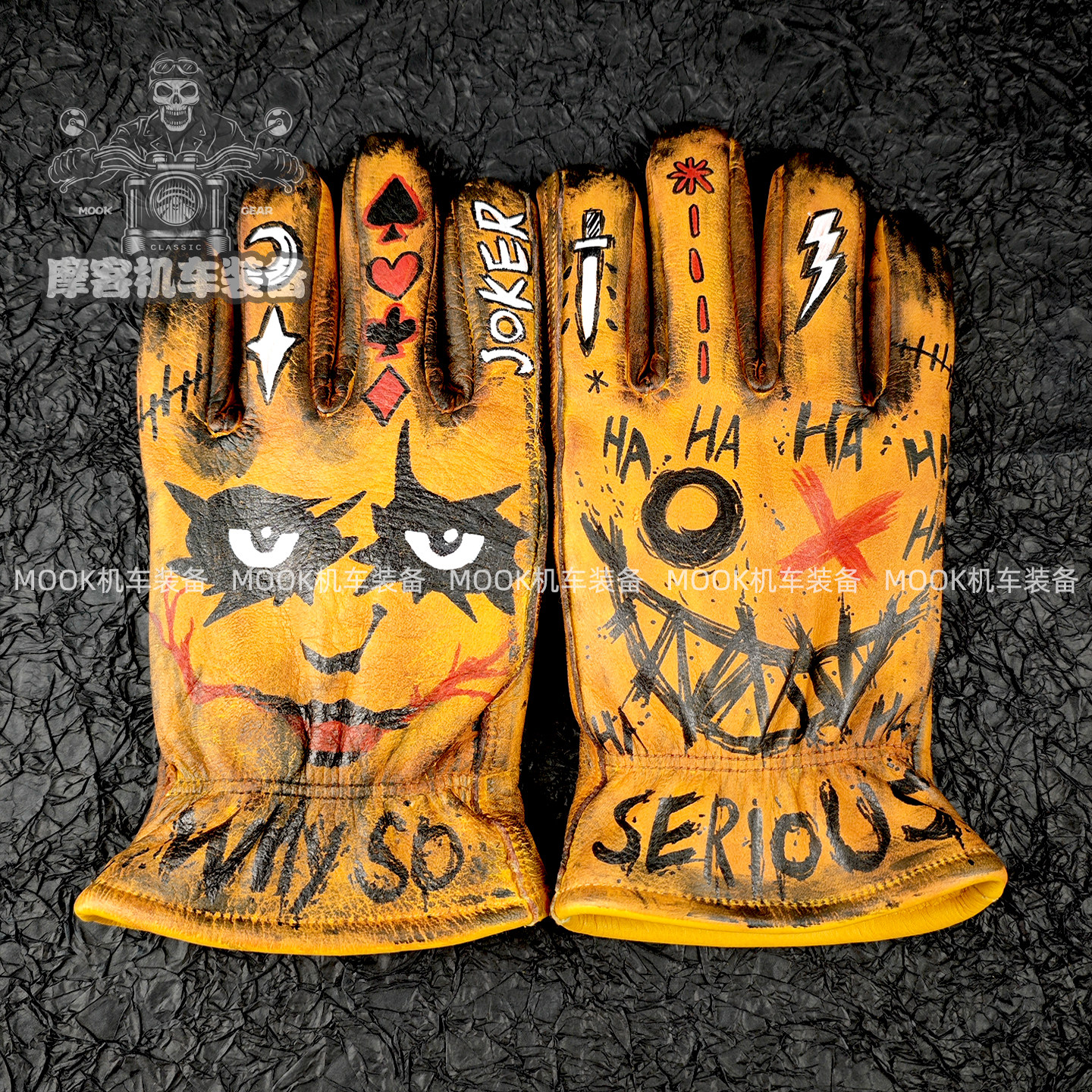 复古机车骑士手套鬼脸小丑重油污做旧手绘头层牛皮骑手四季摩托车