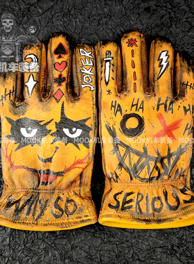 复古机车骑士手套鬼脸小丑重油污做旧手绘头层牛皮骑手四季摩托车