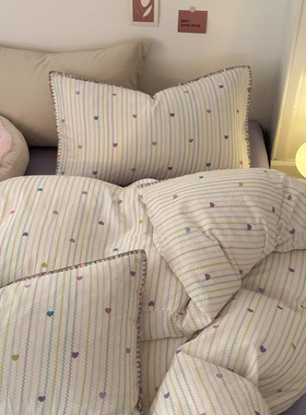 A类纯棉四件套母婴级紫色爱心条纹双层纱1.5m1.8少女全棉床单被套