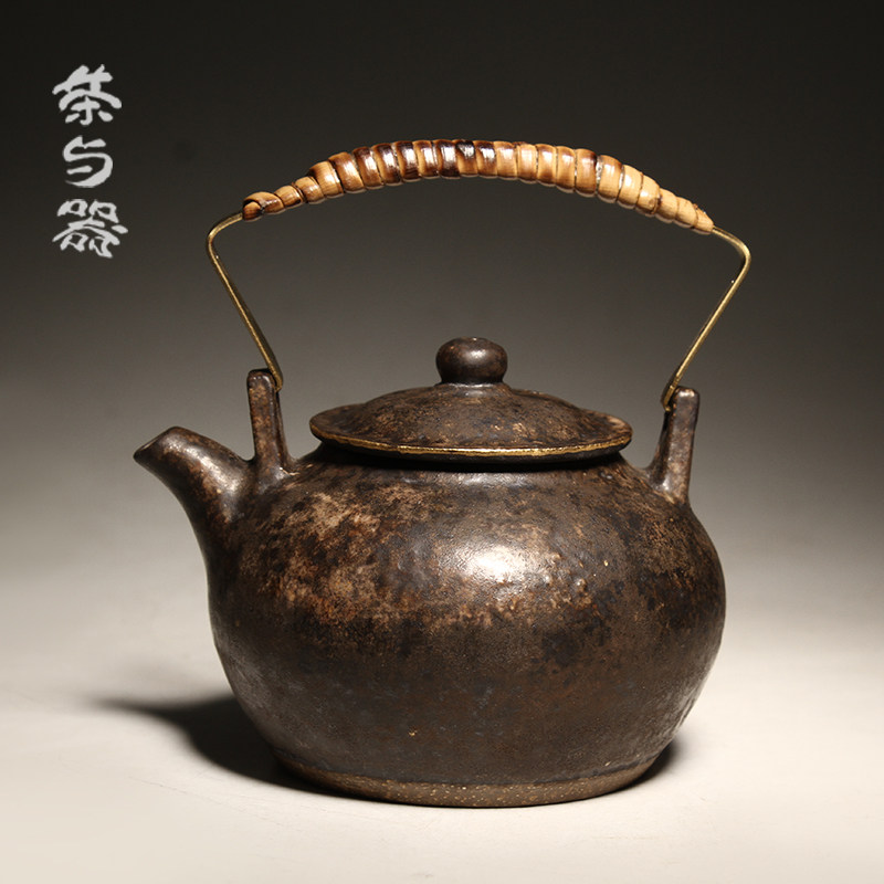 中国台湾省吴晟志早期手工陶壶泡茶壶玳瑁彩金铁陶釉提梁壶承茶具