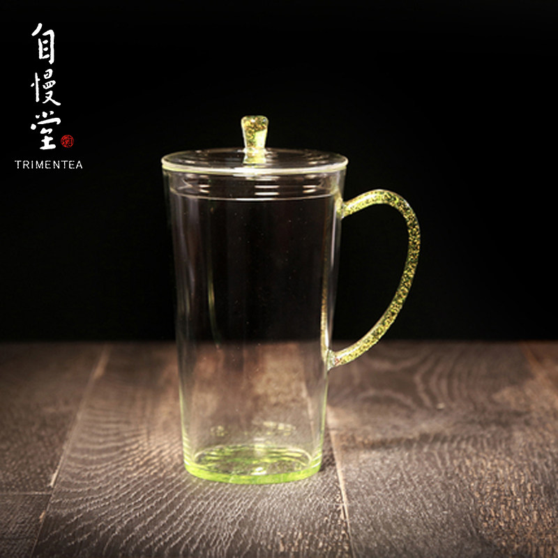【预售15天】自慢堂玻璃杯绿茶杯绿彩渣底马克杯带盖水杯茶具