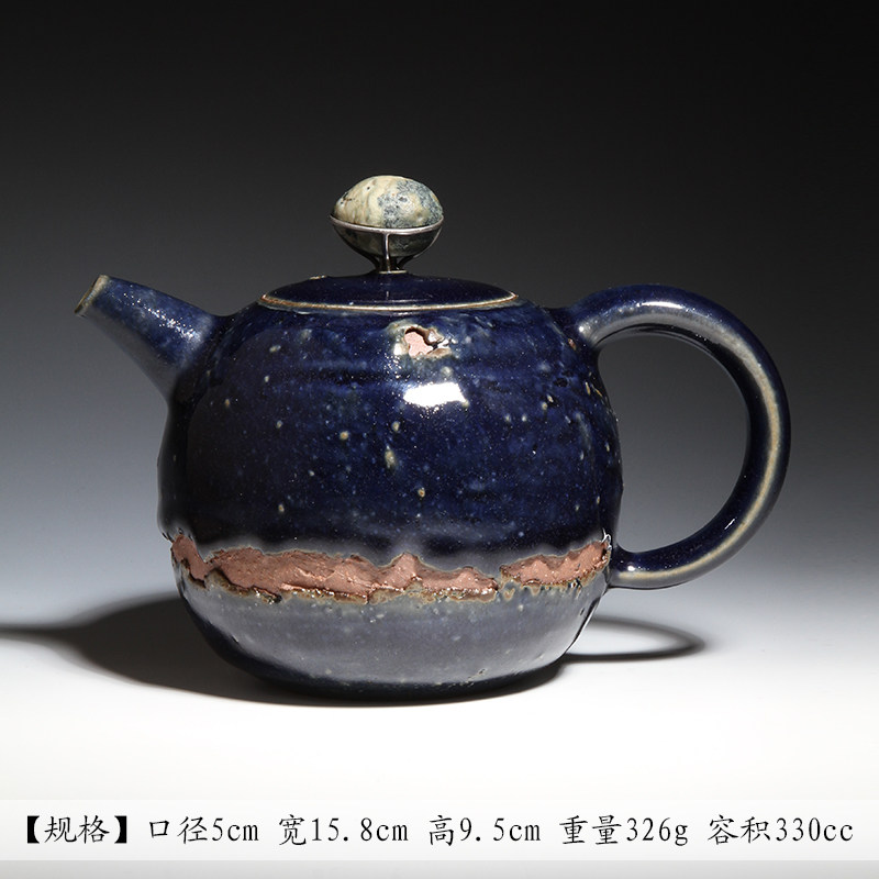 台湾省章格铭迷工造物手作霁蓝釉裂变茶壶阿拉善石壶钮章字款品壶