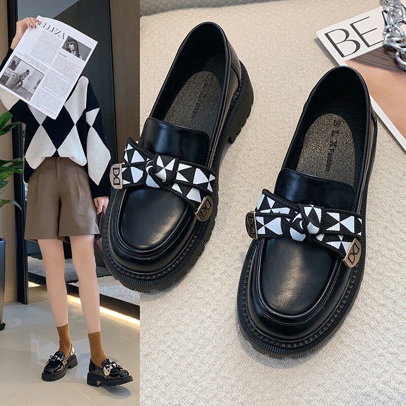 漆皮厚底乐福鞋女蝴蝶结2022年春季复古英伦小皮鞋一脚蹬单鞋粗跟