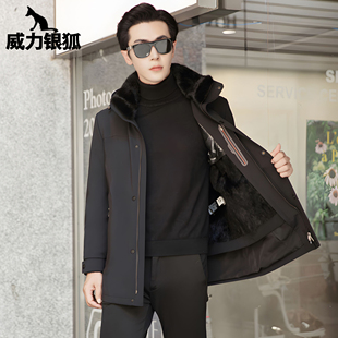 冬装男款水貂毛领整貂内胆派克服海宁男中长款皮毛一体外套可拆卸