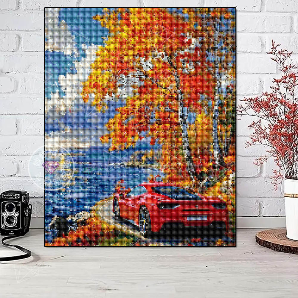 法拉利跑车秋天风景方钻石画手工DIY秋林湖畔贴点钻画DiamondArt