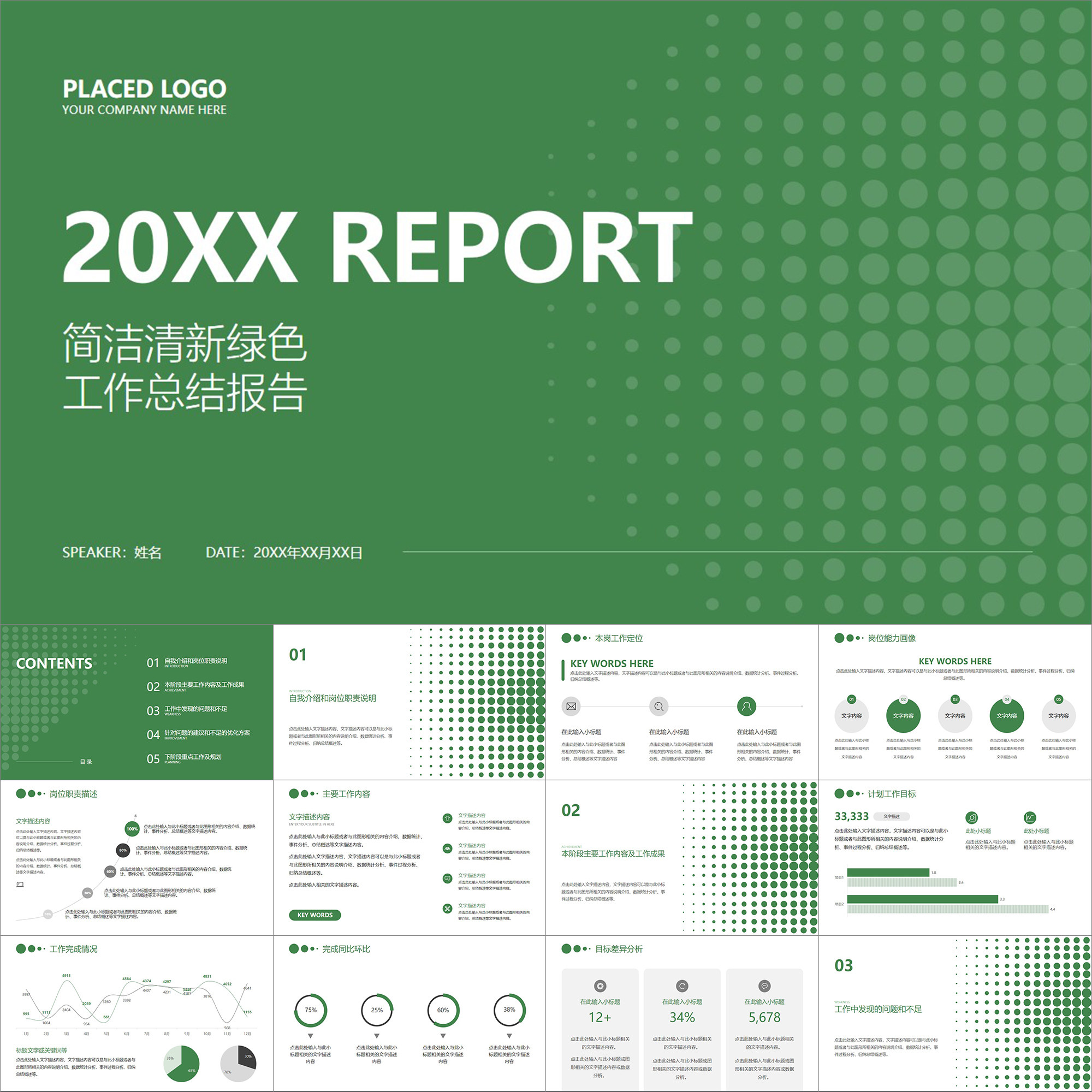 【动态ppt】简洁清新深绿色圆形年中总结年度工作报告汇报ppt模板
