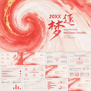 【动态PPT】精美红色系水墨晕染鎏金工作总结报告述职汇报PPT模板