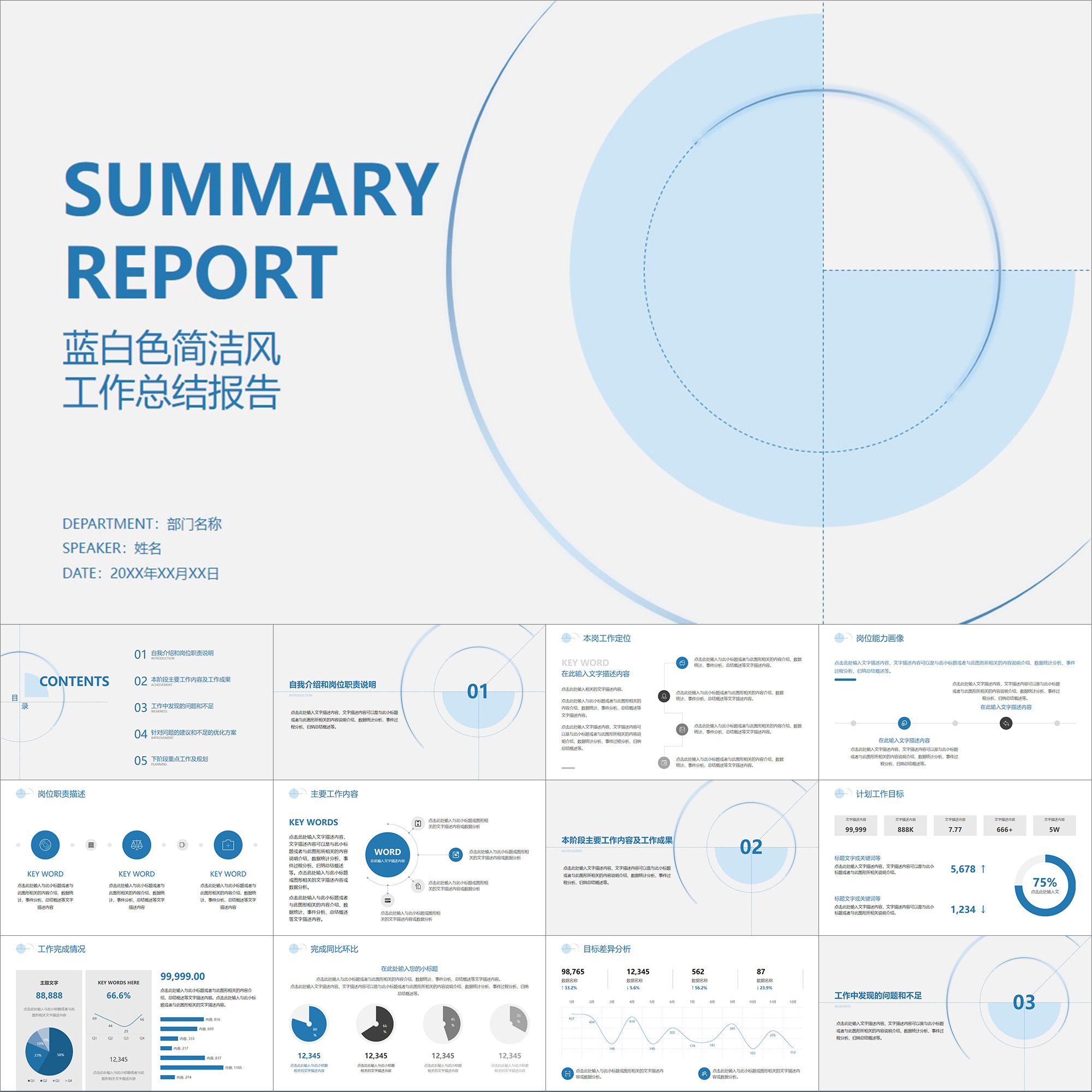 【动态PPT】蓝白色简洁圆形小清新科技感年终工作总结报告PPT模板