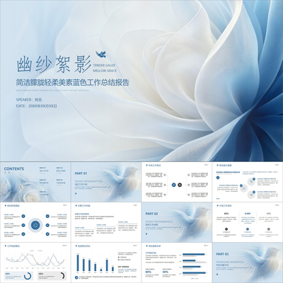 【动态PPT】简洁小清新朦胧轻柔美素蓝色工作总结述职报告PPT模板