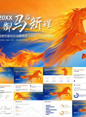 【动态PPT】蓝橙色暖炫彩油墨精美马年终汇报工作总结报告PPT模板