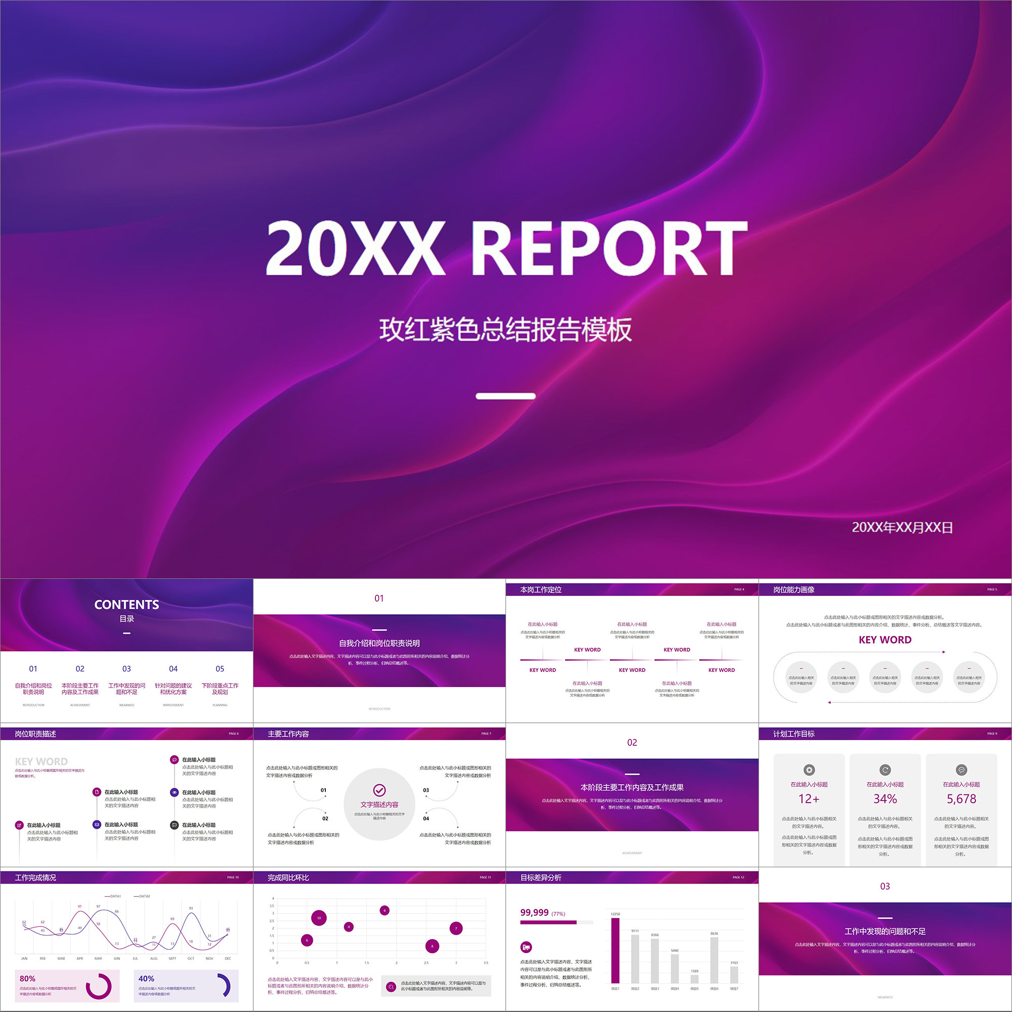【动态ppt】简约精致红紫色年中半年年终工作总结述职报告ppt模板
