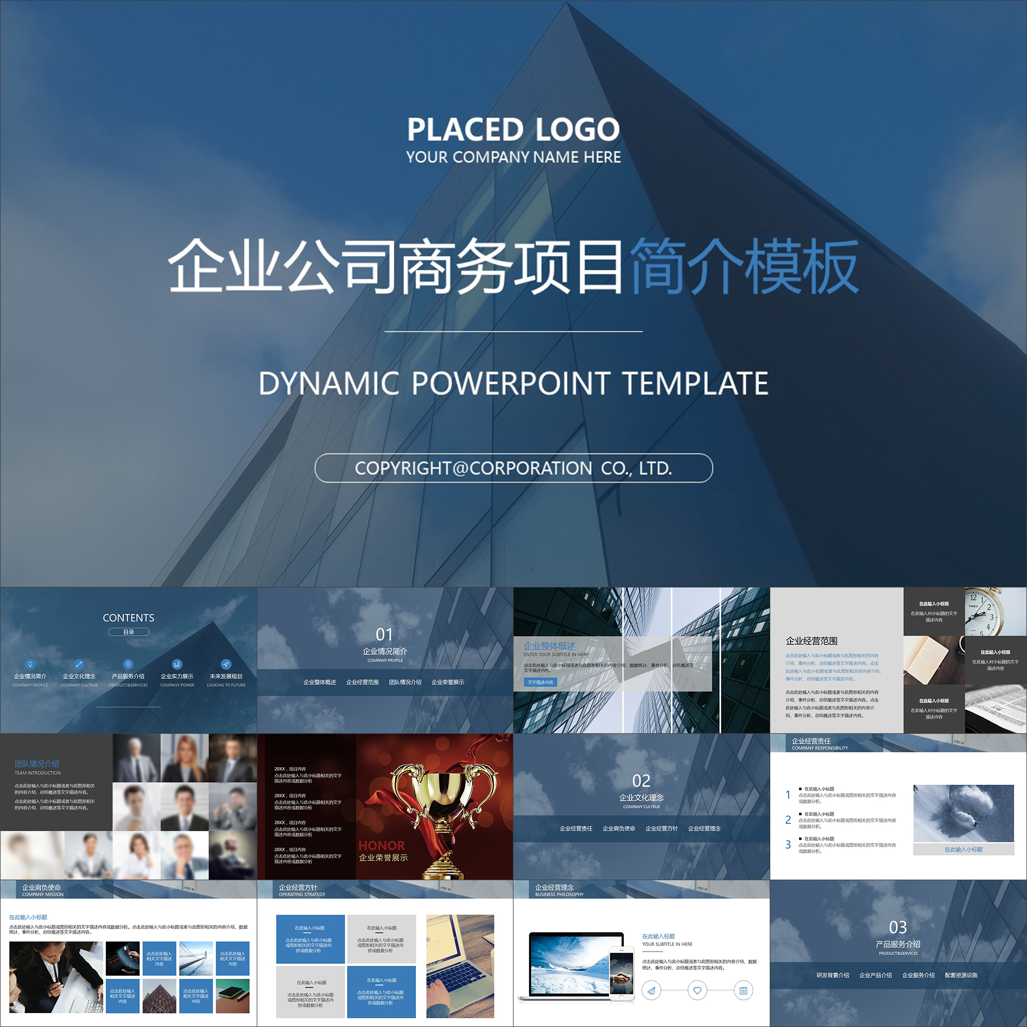 【动态PPT】深蓝稳重大气企业公司商务项目简介介绍高档PPT模板