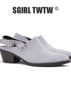 M312-1C SGIRL TWTW蓝色尖头穆勒鞋女2026新款粗跟休闲时髦包头拖
