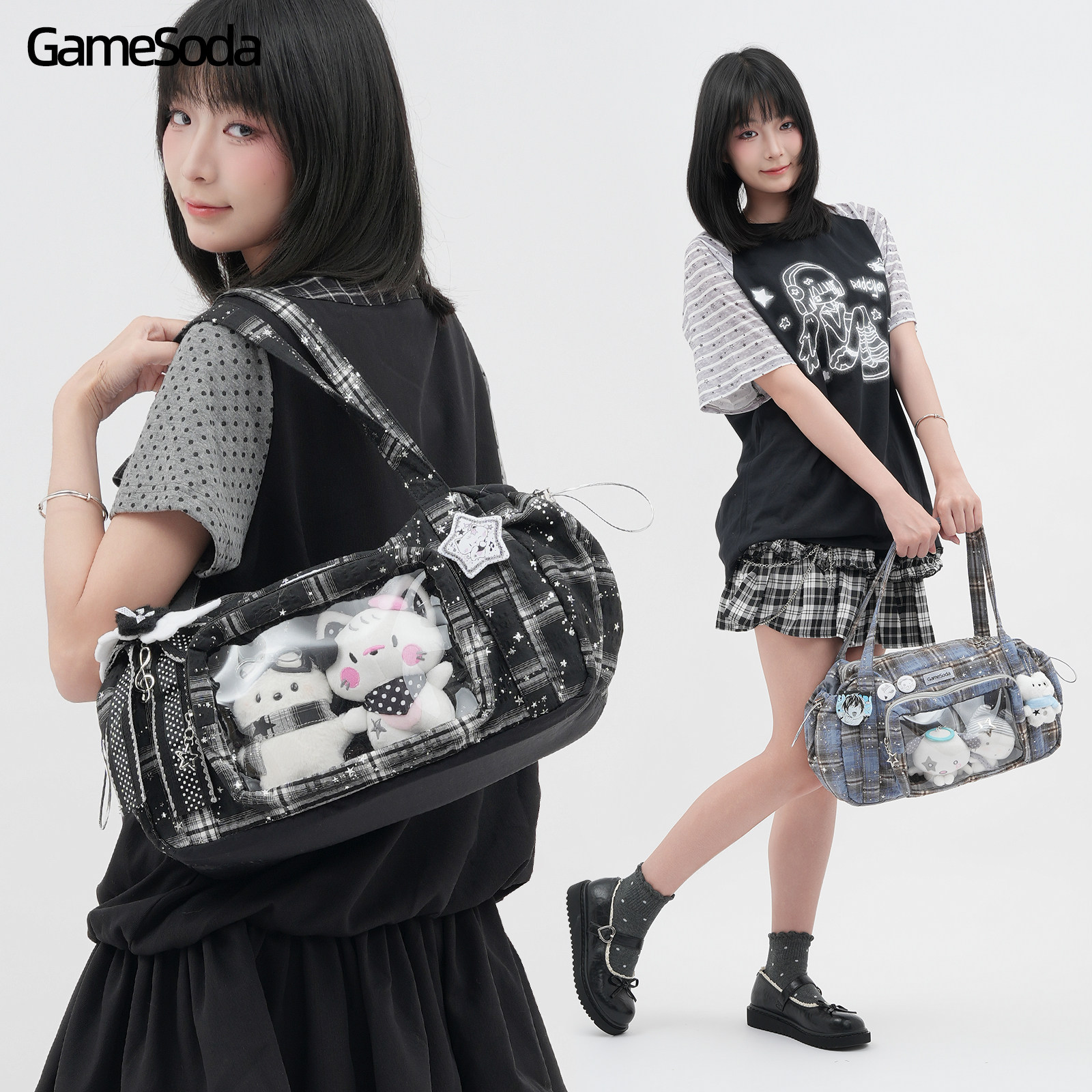 GameSoda电玩汽水格纹星星痛包女二次元追星波士顿枕头包吧唧娃包