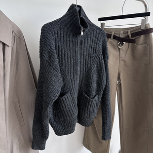 老钱风立领双拉链针织开衫女厚实口袋毛衣外套粗毛线棒针针织上衣