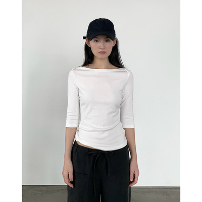 复古船领五分袖修身针织T恤女