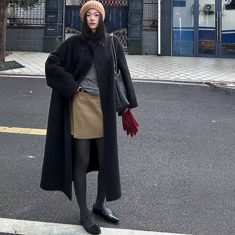 深灰通勤女款羊绒立领中长大衣