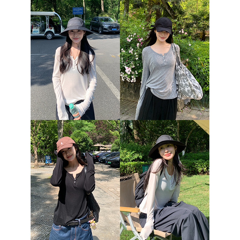 天丝羊毛亨利领长袖T恤女