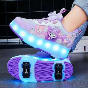 库洛米女童暴走鞋2025新款四轮可拆卸隐形溜冰发光运动儿童轮滑鞋