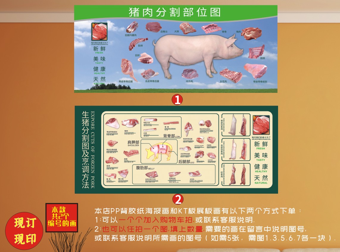 猪肉分割图猪肉部位介绍海报墙贴画生猪肉店生鲜超市pp背胶纸广告