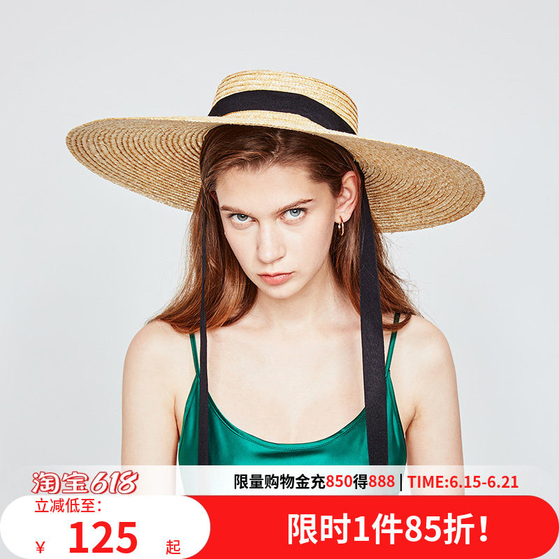 好奇小姐夏季草帽女细麦杆飘带系绳防晒遮阳旅行沙滩帽法式复古帽 - 实物图