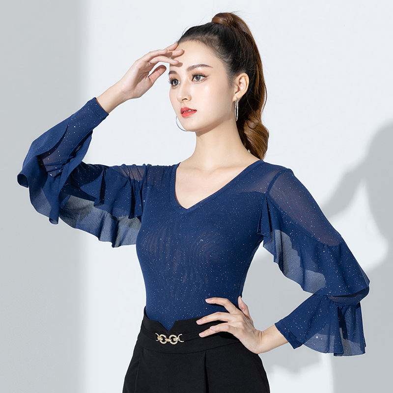 拉丁舞服新款女成人国标舞上衣交谊摩登舞长袖连体衣上装演出服