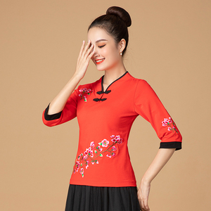 立领广场舞上装新款五分袖舞蹈衣女秧歌跳舞表演演出练功服棉春夏