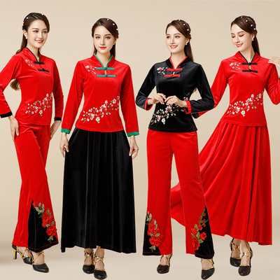 高领绣花民族风金丝绒舞蹈服