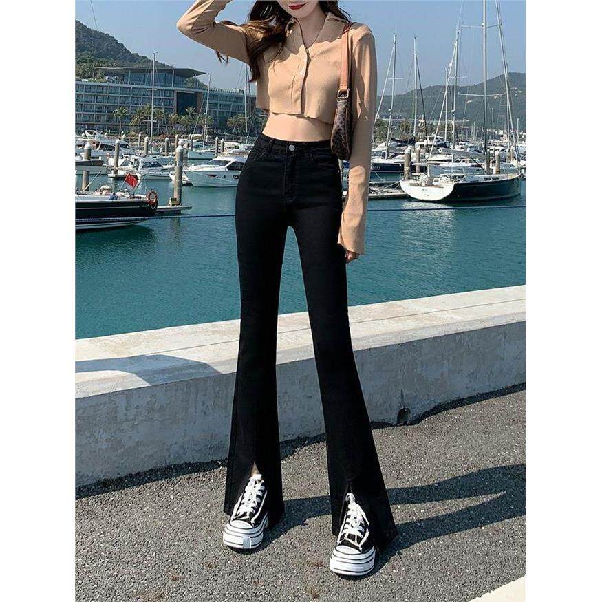 黑色开叉微喇牛仔裤女春