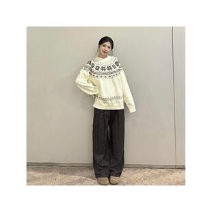 韩版慵懒风撞色提花费尔岛毛衣女学生冬季新款加厚宽松套头针织衫