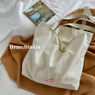 白日梦长原创 灰色系条纹托特包女通勤百搭大容量单肩包 秋日经典