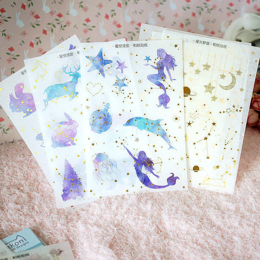 星空流影月亮彩虹星光美少女钢琴提琴装饰手绘平面手帐和纸贴纸