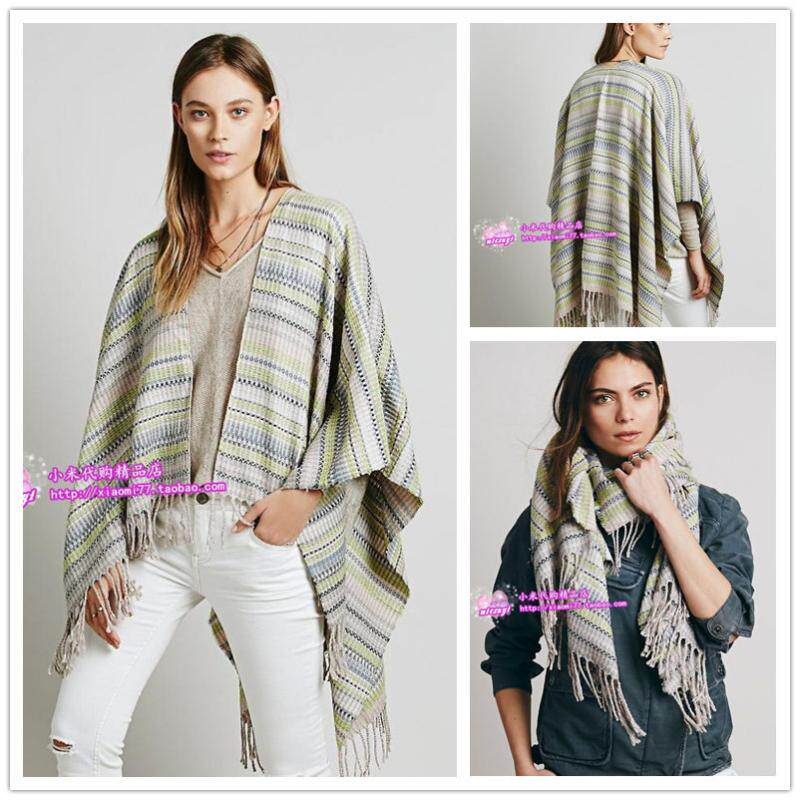 【特价现货】Free People正品毛线披肩流苏围巾斗篷条纹保暖时尚