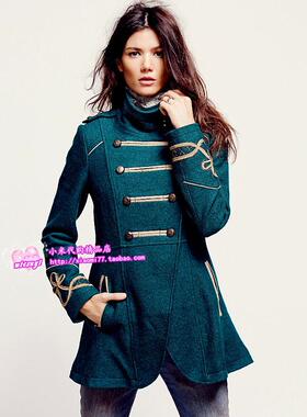 【亏本特价】Free People 双排扣肩章绿色羊毛外套毛呢大衣粗花呢