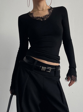 AcupStudio江右上 V领蕾丝拼接针织衫女秋季修身显瘦内搭打底衫