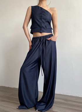 AcupStudio江右上 设计感藏青单肩上衣女夏季阔腿休闲裤两件套